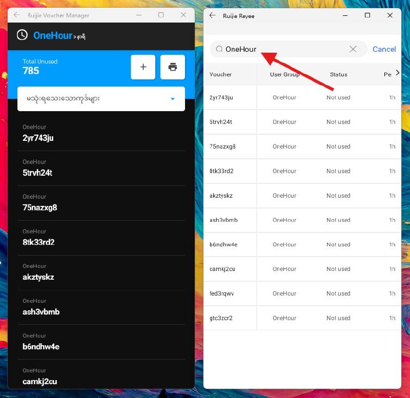 ကျွန်တော်တို့ရဲ့ Ruijie Voucher Manager နဲ့Ruijie Cloud App ထဲက Voucher Code Interface လေးကို ယှဉ်ပြထားတာပါ။Ruijie Cloud App မှာ မပါဝင်တဲ့ feature တစ်ချို့ကိုကျွန်တော်တို့ Ruijie Voucher Manager က ဖြည့်ဆည်းပေးထားပါတယ်။  Facebook Page တွင်ဆက်လက်ကြည့်ရှူရန်