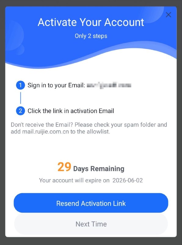 Ruijie Account အသစ်လုပ်ပြီးတိုင်း ရက် ၃၀ အတွင်း Activation ပြန်လုပ်ရပါတယ်။ အကယ်လို့ Activation မလုပ်လို့ ရက် ၃၀ ပြည့်သွားရင်အကောင့်က ဝင်မရတော့ပဲ active လုပ်ဖို့ပဲပြောနေပါလိမ့်မယ်။  Activation မလုပ်ထားပဲ ရက် ၃၀ ပြည့်သွားလို့ပိတ်သွားရင်Time Code Manager မှာလဲ ဝင်လို့မရတော့ဘူးဖြစ်သွားပါမယ်။ ထို့အတွက် မိမိတို့ email ထဲမှာ ရောက်ထားတဲ့Ruijie ဘက်ကပို့ထားတဲ့ Activation Email ထဲကနေဝင်ပြီးတော့Activation လုပ်ထားဖို့ မဖြစ်မနေလိုအပ်ပါတယ်။ ( ပုံကတော့ Activation မလုပ်ထားသေးရင် ပြတဲ့အနေအထားပါ ) #timecodemanager#ruijieVoucherManagerRuijie Account အသစ်လုပ်ပြီးတိုင်း ရက် ၃၀ အတွင်း Activation ပြန်လုပ်ရပါတယ်။ အကယ်လို့ Activation မလုပ်လို့ ရက် ၃၀ ပြည့်သွားရင်အကောင့်က ဝင်မရတော့ပဲ active လုပ်ဖို့ပဲပြောနေပါလိမ့်မယ်။  Activation မလုပ်ထားပဲ ရက် ၃၀ ပြည့်သွားလို့ပိတ်သွားရင်Time Code Manager မှာလဲ ဝင်လို့မရတော့ဘူးဖြစ်သွားပါမယ်။ ထို့အတွက် မိမိတို့ email ထဲမှာ ရောက်ထားတဲ့Ruijie ဘက်ကပို့ထားတဲ့ Activation Email ထဲကနေဝင်ပြီးတော့Activation လုပ်ထားဖို့ မဖြစ်မနေလိုအပ်ပါတယ်။ ( ပုံကတော့ Activation မလုပ်ထားသေးရင် ပြတဲ့အနေအထားပါ ) #timecodemanager#ruijieVoucherManager