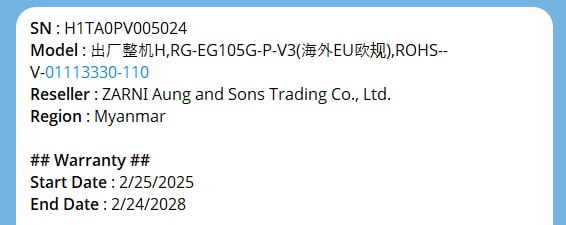 အခု Channel စလုပ်တုန်းကဖြစ်မယ်ထင်တယ်Ruijie စက်တွေအတွက် SN ထည့်ပြီး Warranty စစ်လို့ရတဲ့ Bot လေး တင်ပေးဖူးလောက်မယ်အခု Ruijie စက်တွေက မြန်မာ Official အလုံးတင်မဟုတ်ပဲထိုင်းအလုံး၊ တရုတ်အလုံးတွေပါ  ဝင်လာကြပြီဆိုတော့အခု ကျွန်တော်လုပ်ပေးထားတဲ့ Bot နဲ့ဆိုရင်SN လေးထည့်ပြီး- မြန်မာလား- ထိုင်းလား စစ်လို့ရပါတယ် ပြီးတော့ တရုတ်အလုံးတွေဆိုရင် SN ထည့်လိုက်ရင် ရှာမတွေ့ပါပြပါမယ်အဲ့လိုဆိုရင် မြန်မာမှာ Cloud သုံးလို့မရဘူးလို့ သတ်မှတ်လို့ရပါတယ်ဆိုလိုတာက Voucher ဖြတ်စနစ်အလုပ်မလုပ်ဘူးဆိုတာပါ။ဝယ်မမှားအောင် မဝယ်ခင် SN လေးနဲ့ အရင်စစ်ကြည့်ပါBOT @ruijiebypass_bot