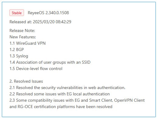 Ruijie Gateway တွေအတွက် Reyee OS 2.340 Update လေးထွက်ထားပါတယ်။ Change Log အရWeb Authentication ရဲ့ security ယိုပေါက်ကို fix ပေးထားပါတယ်ဆိုတော့လုပ်ထားသင့်တဲ့ update ဖြစ်ပါတယ် မိမိတို့စက်မှာ Upgrade ပြနေရင် လုပ်ထားဖို့အကြံပြုချင်ပါတယ်VPN ကျော်သုံးခံရတာတွေ သက်သာလာပါလိမ့်မယ် #ruijieVoucherManager
