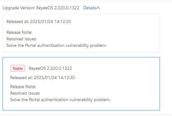 Reyee OS 320 Version လေး update ပေးနေတာတွေ့ပါတယ်-----------Portal Authentication Vulnerability အပေါက်လေးကို fix လုပ်ပေးထားတယ်ဆိုတော့ကိုယ့်စက်မှာ Update လာပြနေရင် update လုပ်လိုက်ဖို့ တိုက်တွန်းပါတယ်အနည်းဆုံးတော့ Portal ကျော်သုံးခံရတာ နည်းနည်းသက်သာသွားရင်ကို မဆိုးတော့ပါဘူး.အခု ဗားရှင်းအသစ်မှာလည် VPN ရယ် ( HTTP inject ) နဲ့ကျော်သုံးတာကတော့ ရနေတုန်းပါအရင်က Api နဲ့ bypass လုပ်ခဲ့တဲ့ဟာလောက်ပဲ fix သွားသေးတာပါအဲ့အတွက် VPN ကျော်သုံးထားတာတွေကို သိဖို့ဆိုရင်Ruijie Voucher Manager App လေးက ကူညီပေးပါလိမ့်မယ်ကျွန်တော်တို့ Ruijie Voucher Manager ထဲမှာ VPN ကျော်သုံးထားတာတွေကို ရှာဖွေတွေ့ရှိရင် အလွယ်တကူ Block လုပ်နိုင်တဲ့ function လေး ပါပါတယ်။( 100% တိတိကျကျ မရှာပေးနိုင်သေးပေမယ့် ဘာမှလုပ်မရပဲ ဒီအတိုင်းထိုင်ကြည့်နေရတာထက်တော့ မဆိုးဘူးပေါ့ဗျာ။ )#ruijievouchermanager#ruijie