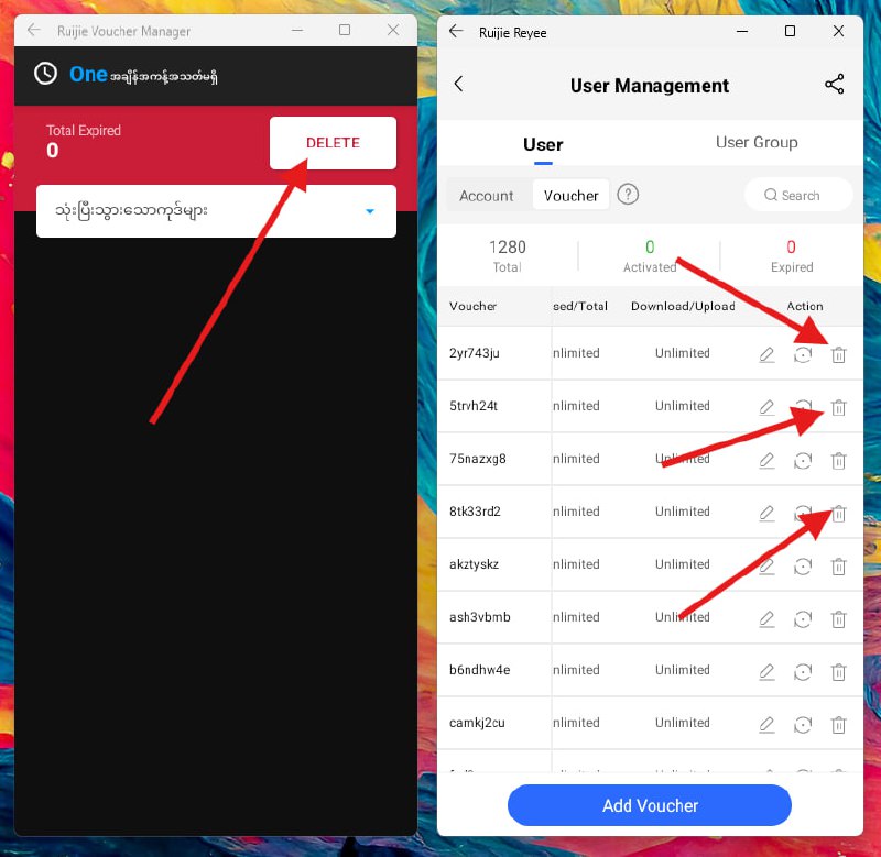 ကျွန်တော်တို့ရဲ့ Ruijie Voucher Manager နဲ့Ruijie Cloud App ထဲက Voucher Code Interface လေးကို ယှဉ်ပြထားတာပါ။Ruijie Cloud App မှာ မပါဝင်တဲ့ feature တစ်ချို့ကိုကျွန်တော်တို့ Ruijie Voucher Manager က ဖြည့်ဆည်းပေးထားပါတယ်။  Facebook Page တွင်ဆက်လက်ကြည့်ရှူရန်