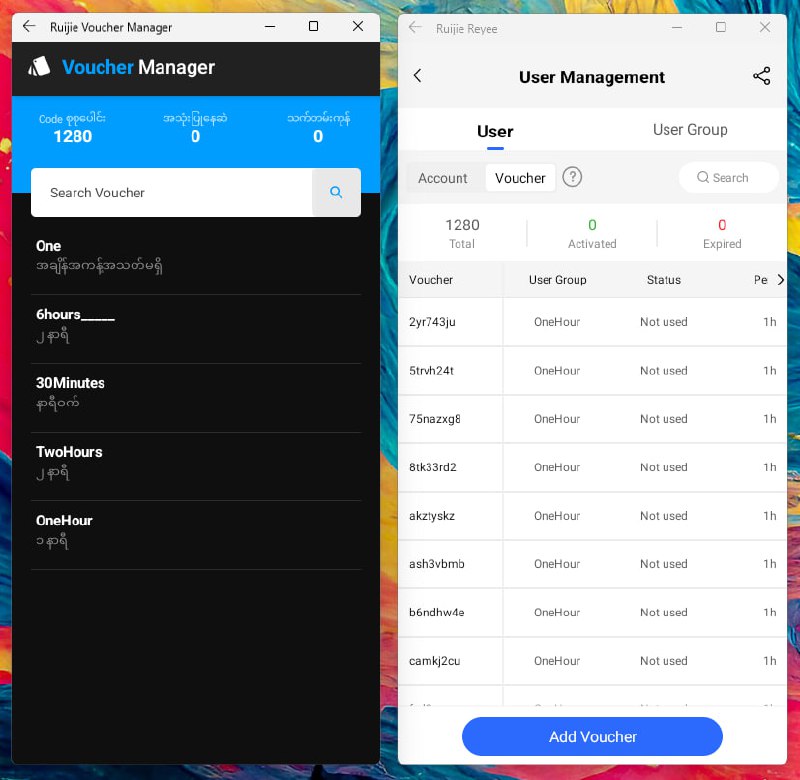 ကျွန်တော်တို့ရဲ့ Ruijie Voucher Manager နဲ့Ruijie Cloud App ထဲက Voucher Code Interface လေးကို ယှဉ်ပြထားတာပါ။Ruijie Cloud App မှာ မပါဝင်တဲ့ feature တစ်ချို့ကိုကျွန်တော်တို့ Ruijie Voucher Manager က ဖြည့်ဆည်းပေးထားပါတယ်။  Facebook Page တွင်ဆက်လက်ကြည့်ရှူရန်