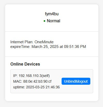 Ruijie Portal မှာလည်း user တွေဘက်ကနေ သူတို့ time code ရဲ့ info ကို ကိုယ်တိုင်ကြည့်လို့ရပါတယ်။  တစ်ချို့ ၁ နာရီကုဒ်က ၁ နာရီမပြည့်ဘူးဆိုပြီး ငြင်းတဲ့ user တွေအတွက် အသုံးဝင်ပါတယ်   #ruijieVoucherManager
