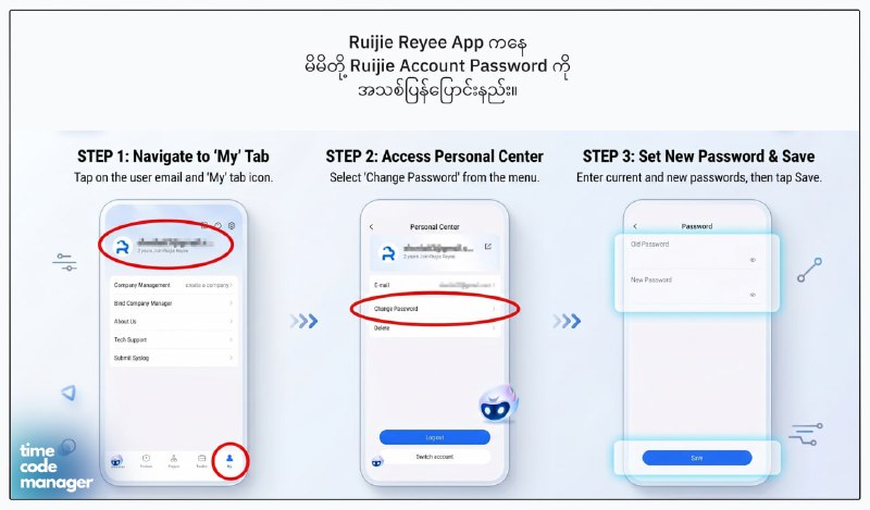 Ruijie Account Password အသစ်ပြောင်းနည်းပါ။( ဒီနည်းက password အဟောင်းသိနေမှသာ ပြောင်းတဲ့နည်းဖြစ်ပါတယ်။ )  ကျွန်တော်တို့ Page မှာ error တစ်ခုခုဖြစ်လို့ လာမေးကြတဲ့တစ်လျှောက်မှာတစ်ချို့ အကောင့်တွေကို ဝင်ကြည့်/စစ်ပေးလိုက်ရင်- Gateway တွေ delete လုပ်ခံထားရတာ- Captive Portal ဖျက်ခံထားရတာ - App Block ကနေ social app ( facebook / youtube ) တွေ  သုံးမရအောင် ပိတ်ခံထားရတာ- Voucher Code တွေကို ယူသုံးခံနေရတာ    ( generate ဝင်လုပ်သွားတာ၊      ကိုယ်သုံးဖို့အတွက် account တစ်ခုဝင်လုပ်သွားတာ ) ပုံစံအမျိုးမျိုးနဲ့ ဝင်ပြီး လုပ်ခံထားရတာတွေ တွေ့လာရပါတယ်။   အဓိကတော့ မိမိတို့အကောင့် password ကို သိထားတဲ့သူတွေကဝင်လုပ်သွားတာမျိုး ပိုများပါတယ်။- Ruijie အကောင့်မှာ operation/config log ဆိုတာပါပါတယ်။  ဘယ်အချိန်မှာ ဘာတွေလုပ်သွားလဲဆိုတာ ပြန်စစ်လို့ရပါတယ်။  *** ဘာလို့အခုလိုတွေ ဝင်ပြီး ဖျက်စီး၊ ဝင်ပြင်၊ ဝင်ပိတ်သွားကြတယ်ဆိုတာတွေကိုတော့ လုပ်သွားတဲ့သူတွေကိုယ်တိုင်ပဲ သိနိုင်မှာပါ။ *** ဆက်လက်ဖတ်ရှူရန်