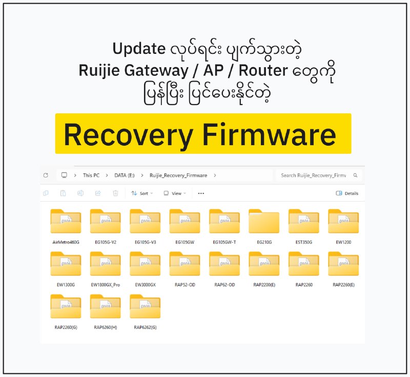 အခုနောက်ပိုင်း Ruijie Gateway / AP / Router တွေ တော်တော်များများFirmware update လုပ်နေတုန်း မီးပိတ်မိလို့ ပျက်သွားတာတွေ၊Firmware update error ဖြစ်ပြီး စက်ပြန်မပွင့်တော့တာတွေ ကြုံနေရပါတယ်။ အဲ့ဒီထဲက တစ်ချို့ Model တွေက self repair mode ရောက်နေရင်တော့အလွယ်တကူ ပြန်ပြင်လို့ရပေမယ့်- eth0 ( Lan ) မတက်လာတော့ပဲ - SYS မီးပဲလင်းပြီး boot မတက်လာတော့တဲ့ အနေအထားတွေဖြစ်လာပြီဆိုရင်တော့ Ruijie က ပြောထားတဲ့ နည်းတွေအတိုင်း ပြန်ပြင်ဖို့ကမလွယ်တော့ပါဘူး။( သူတို့ website မှာပေးတဲ့ ဖိုင်တွေကလည်း အသုံးမဝင်တော့ပါဘူး ) အဲ့ဒီလို စက်တွေကို ပြင်ဖို့အတွက်က- စက်ဖြုတ်ရတယ်၊ - သူ့အတွက် သီးသန့် recovery firmware file တွေလိုအပ်လာပါတယ်။  သေချာတာတော့ u-boot အပိုင်းတွေ မကလိ၊ မထိထားရင် ပြန်ရဖို့ 100% သေချာပါတယ်။ Self Repair Mode မဝင်တော့ပဲ၊ Boot မတက်၊ bootloop ပတ်နေတဲ့ device တွေကို ပြင်ပေးနိုင်ဖို့ ကျနော်တို့ ကြိုးစားနေပါတယ်။ လက်ရှိမှာလည်း မြန်မာမှာအသုံးများတဲ့ recovery firmware file တွေကို ရသလောက်ရှာဖွေစုစည်းထားပါတယ်။ အကယ်လို့ ကျနော်တို့ service စလက်ခံဆောင်ရွက်ပေးတော့မယ့်အခါကြရင်Post သီးသန့်တင်ပေးပါမည်။ #timecodemanager#ruijieVoucherManager