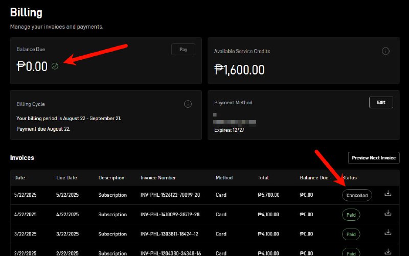 ၁ လစာ free ထပ်ရရှိသွားတဲ့ နောက်ထပ် စက်တစ်လုံးသူလည်း ၅လပိုင်းကနေ လစဉ်ကြေးမဆောင်ပဲရက်လွန်ပြီး လိုင်းပိတ်ခံထားရတာ  ဒီနေ့မနက် ကျနော့် billing email ထဲ free one month ဆိုတဲ့ email ဝင်လာလို့ရှာပြီးစစ်ကြည့်မှ နောက်ထပ် စက်တစ်ခု free ရသွားတာသိလိုက်ရတယ်။ ပေးရမယ့် ပိုက်ဆံကို cancelled ဖြစ်သွားပြီးBalance Due မှာ 0 ဖြစ်သွားပါပြီ။ ဆိုတော့ ၁ လ free ရဖို့က ရက်လွန်ပြီး လိုင်းပိတ်နေမှ ရမယ်ထင်တယ် 