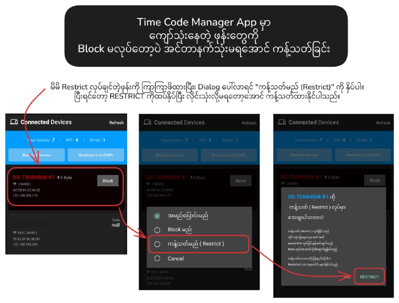 - VPN ကျော်ခံနေရတာပဲဖြစ်ဖြစ်- Bypass လုပ်သုံးခံနေရတာပဲဖြစ်ဖြစ်- အချိန်ပြည့်သွားပေမယ့် ဆက်သုံးလို့ရတာပဲဖြစ်ဖြစ်အဲ့ဒီ Device ( ဖုန်း ) တွေကို block မလုပ်တော့ပဲလိုင်းသုံးမရအောင်ပဲ လုပ်လိုက်တာက ပိုပြီး ထိရောက်လာပါတယ်။ပုံထဲမှာတော့ ဗားရှင်းအသစ်မှာ Restrict လုပ်နည်းနဲ့Restrict ကနေ ပြန်လည် ဖျက်နည်းကို ပြပေးထားပါတယ်။( မှတ်ချက်။ ။ ယခု feature လုပ်ဆောင်ချက်အတွက်svip member ဖြစ်နေရပါမည်။ ) #timeCodeManager#ruijieVoucherManager- VPN ကျော်ခံနေရတာပဲဖြစ်ဖြစ်- Bypass လုပ်သုံးခံနေရတာပဲဖြစ်ဖြစ်- အချိန်ပြည့်သွားပေမယ့် ဆက်သုံးလို့ရတာပဲဖြစ်ဖြစ်အဲ့ဒီ Device ( ဖုန်း ) တွေကို block မလုပ်တော့ပဲလိုင်းသုံးမရအောင်ပဲ လုပ်လိုက်တာက ပိုပြီး ထိရောက်လာပါတယ်။ပုံထဲမှာတော့ ဗားရှင်းအသစ်မှာ Restrict လုပ်နည်းနဲ့Restrict ကနေ ပြန်လည် ဖျက်နည်းကို ပြပေးထားပါတယ်။( မှတ်ချက်။ ။ ယခု feature လုပ်ဆောင်ချက်အတွက်svip member ဖြစ်နေရပါမည်။ ) #timeCodeManager#ruijieVoucherManager