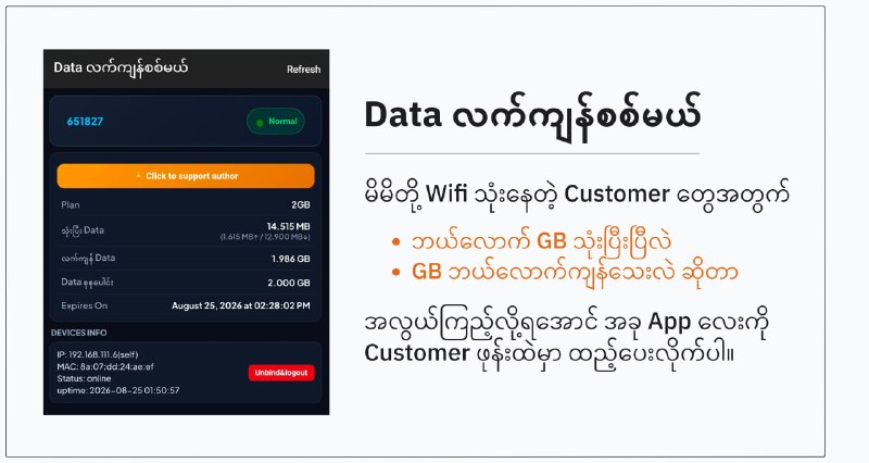 မိမိတို့ customer တွေအတွက်- ဘယ်လောက် GB သုံးပြီးပြီလဲ- GB ဘယ်လောက်ကျန်သေးလဲ ဆိုတာcustomer တွေကိုယ်တိုင် သူတို့ဖုန်းထဲကနေအလွယ်ကြည့်နိုင်ဖို့အတွက်