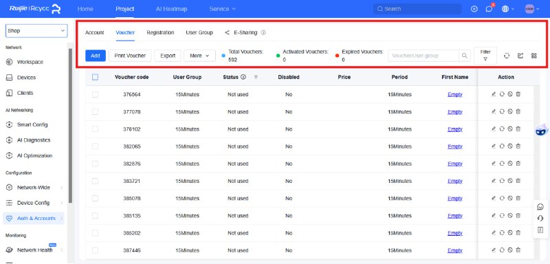 ဒီတစ်ခေါက် cloud error ဖြစ်ပြီးနောက်မှာ ကြုံရတဲ့ပြသနာကတော့အရင်လို phone ဒါမှမဟုတ် tablet တွေနဲ့ browser ကနေ Ruijie Cloud Web ကနေပြီး voucher code အသစ်ထုတ်ချင်တာတွေအတွက်Add button နဲ့အခြား button တစ်ချို့ မမြင်ရတဲ့ပြသနာလေးရှိလာပါတယ်။ ဒီတစ်ခေါက် သူတို့ user management view မှာ front end code လေးတွေပြင်လိုက်တယ်ထင်ပါတယ်။ အဲ့အတွက် button တွေက ဘယ်ဘက်အပိုင်းမှာပုံသေမပေါ်တော့ပဲ center align လိုဖြစ်သွားပြီး ခလုတ်တွေ ဘေးထဲဝင်သွားတာဖြစ်ပါတယ်။ အမှန်ကတော့ cloud web က pc user တွေအတွက်ဦးစားပေးလုပ်ထားတာကြောင့်လည်း ဖြစ်ပါတယ်။ အဲ့အတွက် screen size အသေးတွေမှာ ကြည့်ရအဆင်မပြေဖြစ်ကုန်တာပါ။  ပုံထဲမှာ ကြည့်ရင် သိနိုင်ပါတယ်။ ပုံ ( ၁ ) ကတော့ Screen အကြီးနဲ့ မြင်ရတဲ့မြင်ကွင်း ဖြစ်ပြီးပုံ ( ၂ ) ကတော့ screen size ချုံ့ပြီး မြင်ရတဲ့ မြင်ကွင်းပါ။  အရင်လိုပြန်ဖြစ်ဖို့ကတော့ ruijie support ဘက်ကို report တင်ရင် ရလောက်မယ်ထင်ပါတယ်။ ဖုန်းနဲ့ဆို အကောင်းဆုံးကတော့ သူ့ ruijie reyee app သုံးတာ ပိုအဆင်အပြေဆုံးပါပဲ။ဒါမှမဟုတ် voucher delete / create / print အတွက်ဆို Time Code Manager ပေါ့ဗျာ။ 