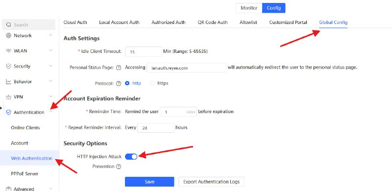 VPN နဲ့ ကျော်သုံးခံရတာ သက်သာဖို့အတွက်Ruijie Gateway သုံးနေတဲ့သူများအနေနဲ့ မိမိတို့ Gateway ရဲ့ Firmware ကို နောက်ဆုံး ဗားရှင်းဖြစ်အောင် အမြဲ လုပ်ထားပြီးတော့Gateway EWeb ထဲကနေ --> HTTP Injection Attack Prevention ဆိုတာလေးကို သေချာပေါက်ဖွင့်ထားကြပါ။  ------------Time Code Manager SVIP Member တွေအနေနဲ့ကတော့SVIP ထဲက ** HTTP injection attack prevention ဆိုတဲ့အထဲဝင်ပြီးသွားပြီး ဖွင့်နိုင်ပါသည်။ #ruijieVoucherManager #timeCodeManager